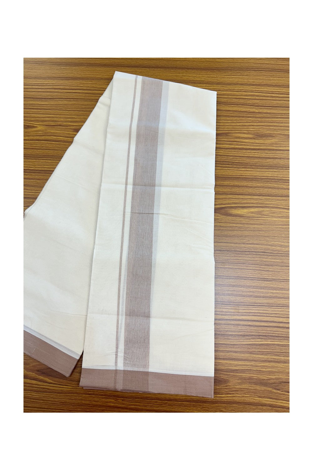 20% Discount ! Kaitharikada Balaramapuram 100% Cotton Double Off white (Unbleached) Mundu/Dhoti - 100x80 - 1.75 inch Sand Brown shaded Kara - 3KK5186CKS