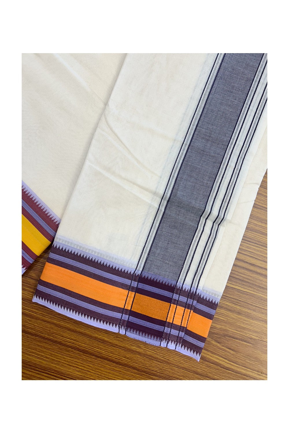 Panchakacham Dhoti - 20% DISCOUNT! KaithariKada 100% Cotton Off White - (Unbleached) - Pure Cotton -100x100 thread - NORTH INDIAN - ATTACHED GAMCHA 9X5 Dhoti Violet kara with Yellow Maroon & Brown Striped border - 3KK5196PMC