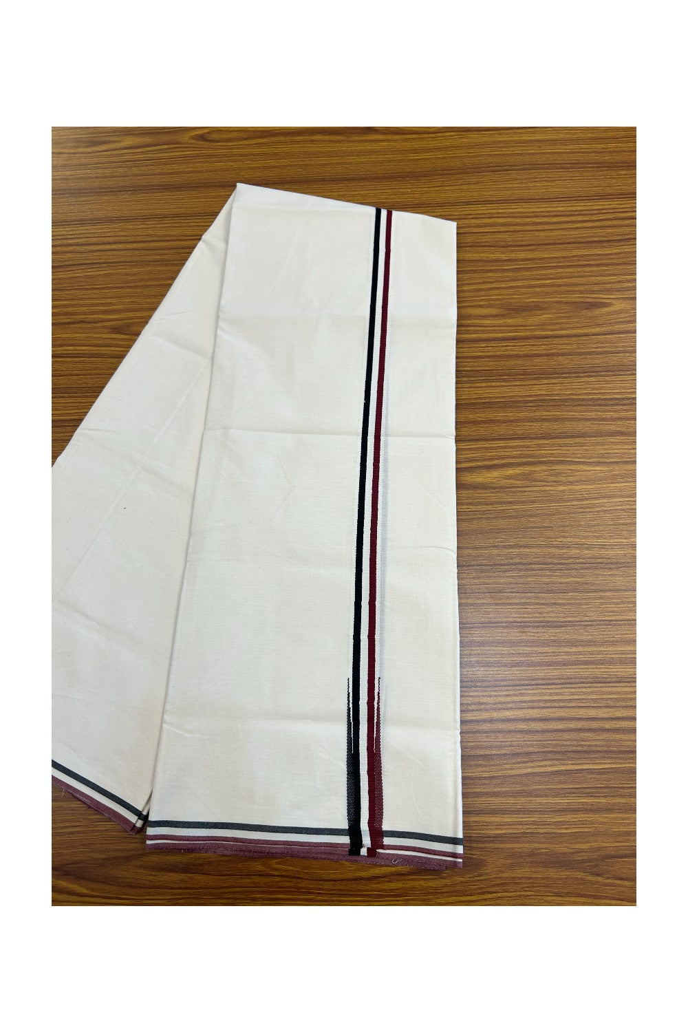 ADMK VESHTI - 24% DISCOUNT! KaithariKada 100% Cotton off white Single - (Unbleached) Mundu/Dhoti - 100X100 - 1 inch Black White & Maroon Chutty kara - 3KK5198ASH
