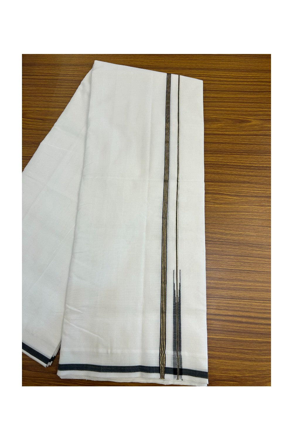 25% Discount!! NEW ULTRA PURE WHITE HANDLOOM Balaramapuram - 100% Mercerised Cotton Double Mundu/Dhoti - 120 twisted warp x 80s weft - 0.25 inch Puliyilakkara Black & Gold Kasavu Striped Chutty Kara- 3KK5200REA