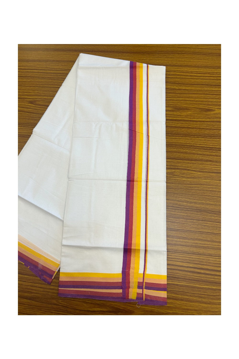21% DISCOUNT ! KaithariKada Balaramapuram 100% Cotton Pure white Double Mundu/Dhoti - 100X90 - 1.25 inch Multi Colour kara - 3KK5202PMC