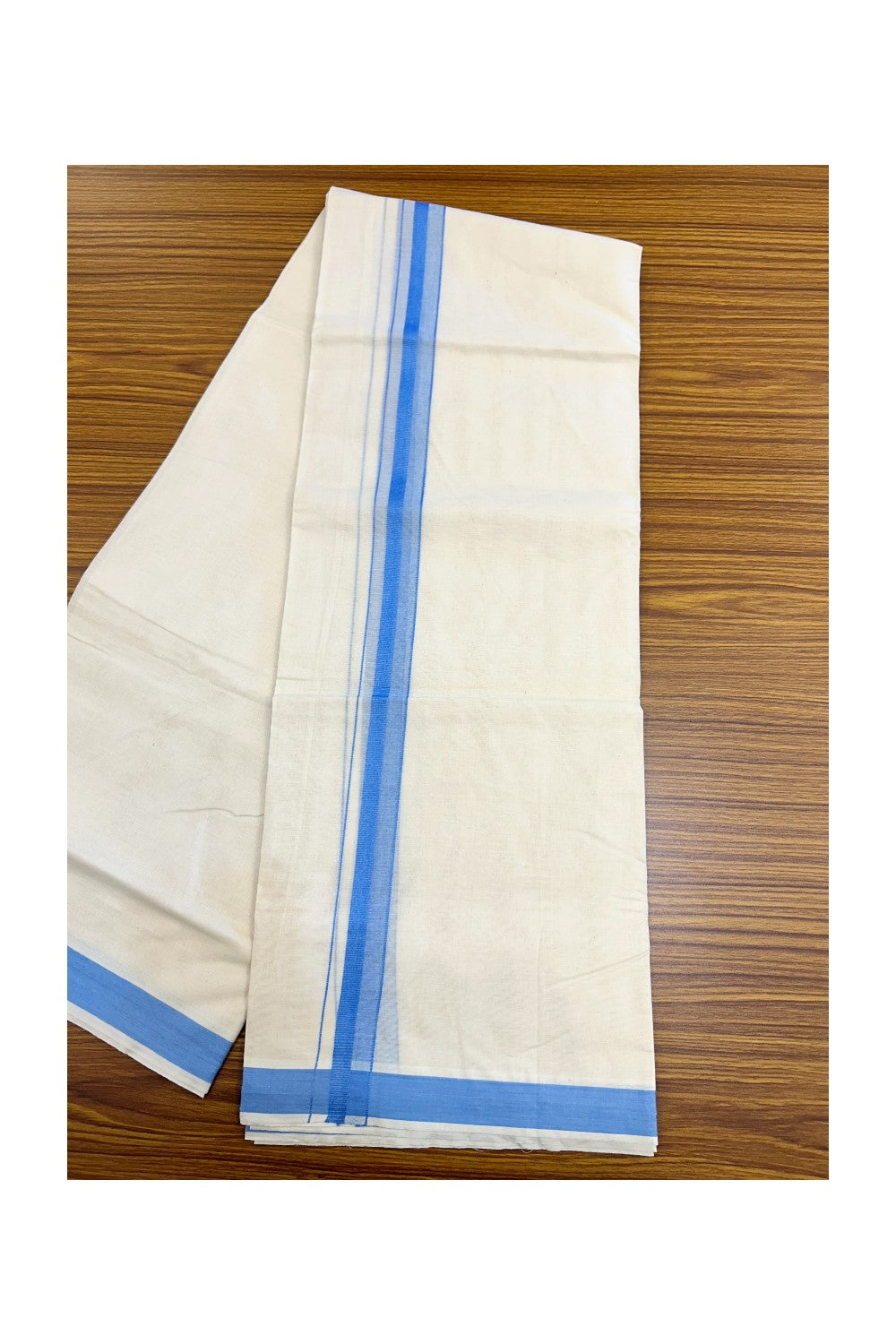 24% Discount ! KaithariKada Balaramapuram 100% Cotton Double OFF WHITE- (Unbleached) - Mundu / Dhoti- 100x80 - 1.5 inch Sky Blue Kara - 3KK5214 MC