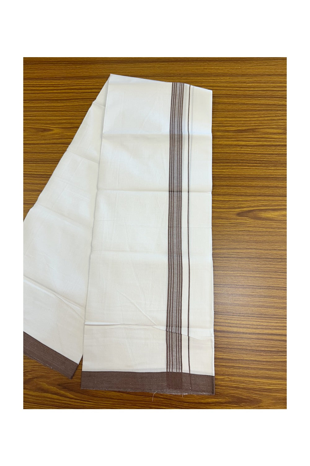 8% Discount ! Kaitharikada Balaramapuram 100% Cotton PURE WHITE SINGLE Mundu/Dothi - 40s - 1 inch Chocolate Brown Stripes Kara (2 meters / 4 muzham) - 3KK5220 THI