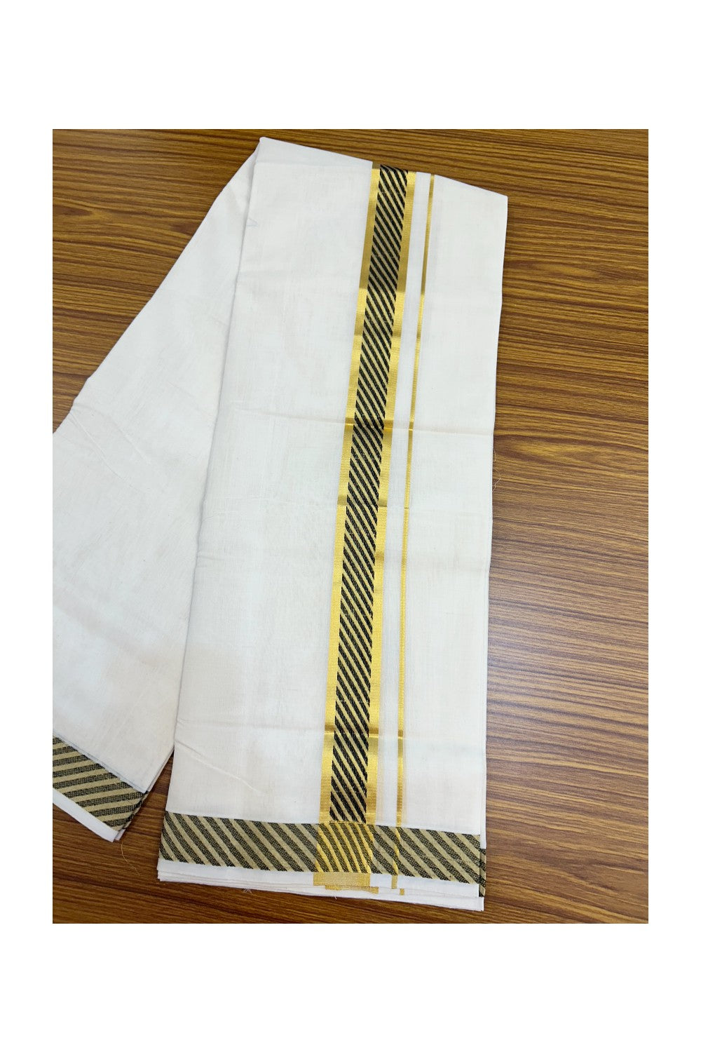 25% DISCOUNT ! KaithariKada HANDLOOM Unakkupaav Balaramapuram - 100% PURE Cotton OFF WHITE - (Unbleached) Double Mundu/Dhoti - 80x90 - 1.75 inch Gold Kasavu & Black Jacquard Design Kara 4 mtr (8.5 Muzham) - 2KK5231 ABH