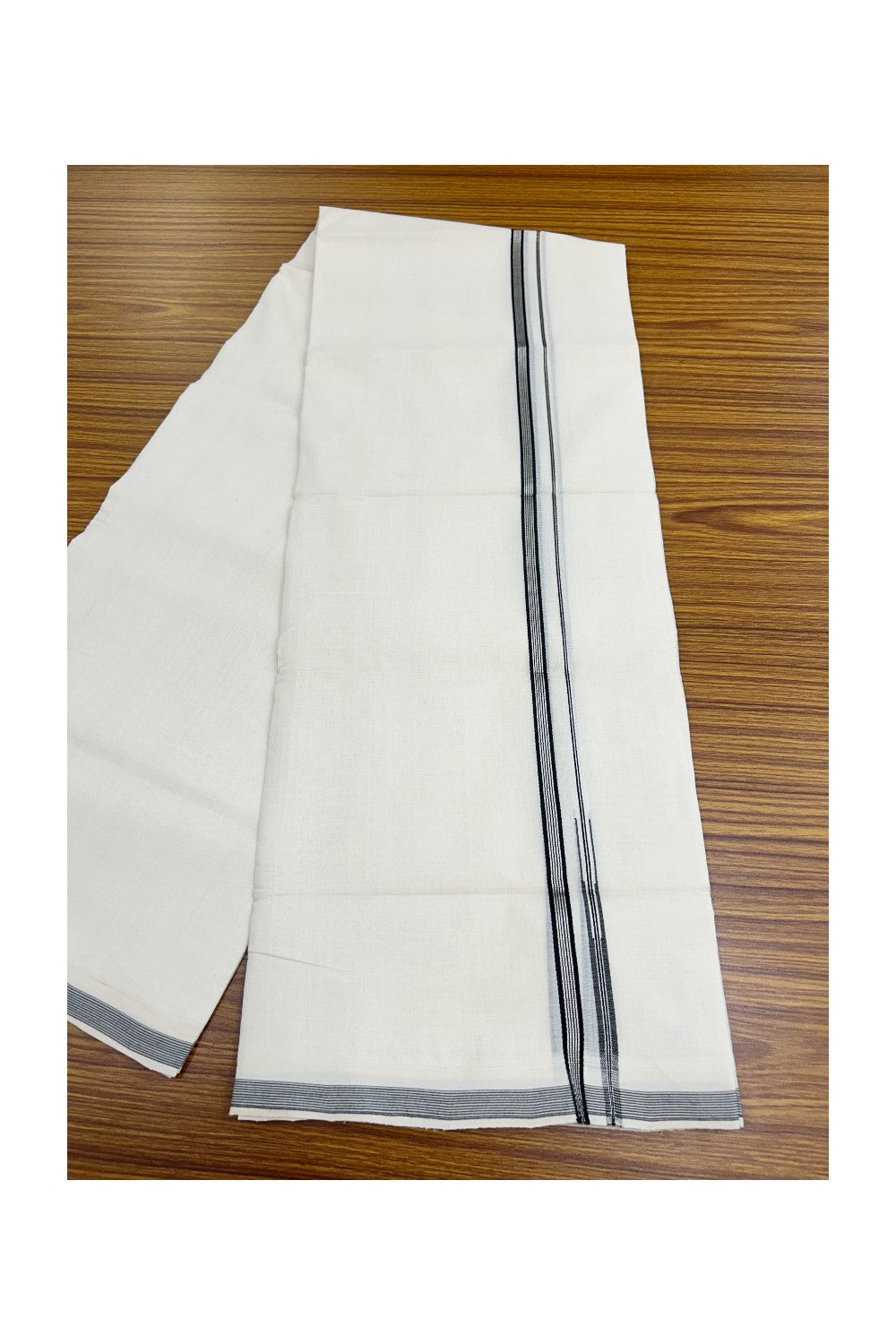 25% Discount!!! KaithariKada HANDLOOM UNAKKUPAAV Balaramapuram - 100% PURE Cotton OFF WHITE (Unbleached) Double Mundu/Dhoti - 80x90 - 1 cm Silver striped Black chutty kara 4 Mtr (8.5 Muzham) - 3KK5235 YAR