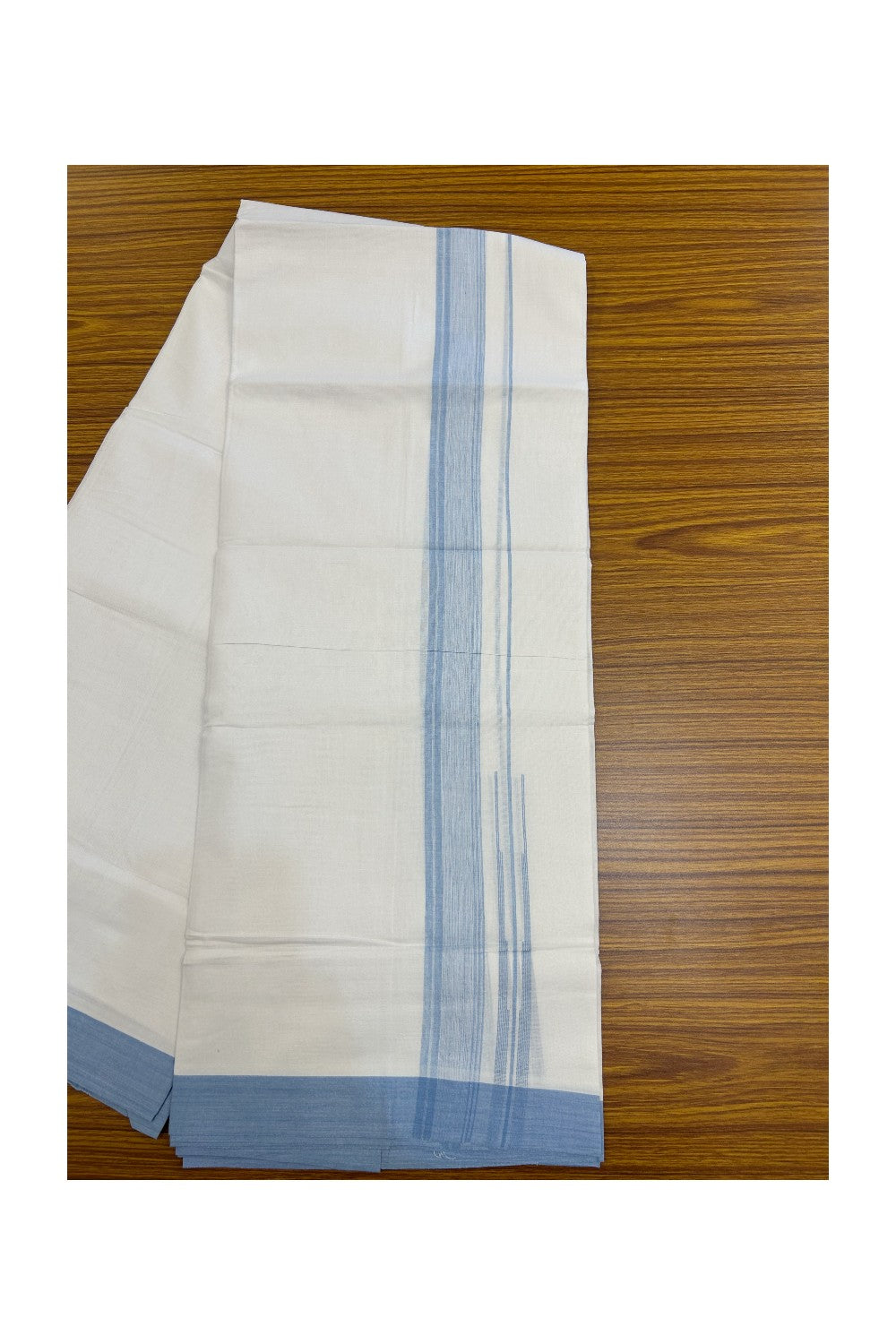 20% Discount!!! KaithariKada Balaramapuram Double PURE WHITE Mundu/Dhoti - (80s) - 1.5 inch puliyilakkara Light Sky Blue shaded Striped chutty Kara - 3.86 mtr ( 8 muzham)- 3KK5239 GAN