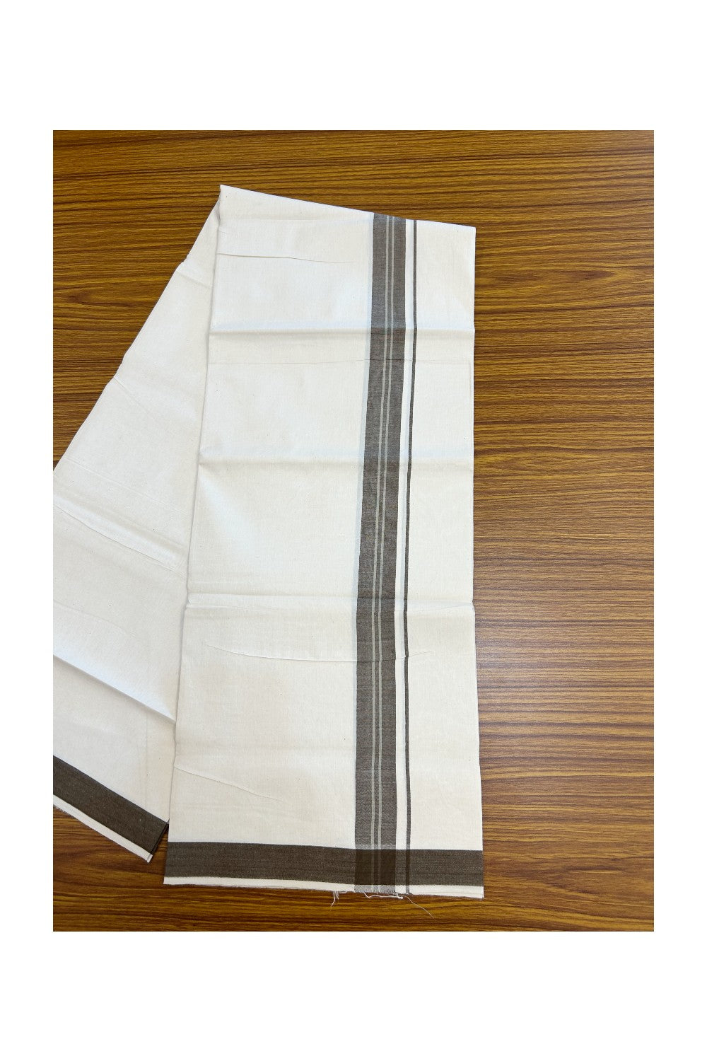 24% Discount !! KaithariKada Balaramapuram 100% Cotton OFF WHITE (Unbleached) Single Mundu/Dhoti - Twisted 60s Thread - 3 cm Brown shaded cream striped Kara (2 meter / 4 muzham) - 33KK5241 GL