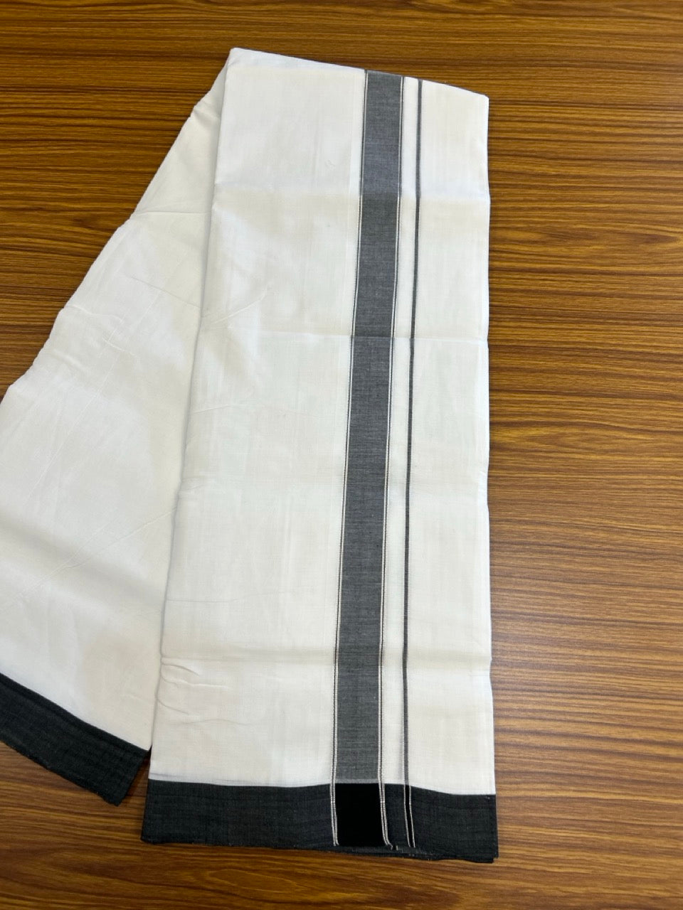 25% Discount!! NEW ULTRA PURE WHITE HANDLOOM Balaramapuram - 100% MERCERISED Cotton Double Mundu/Dhoti - 120 twisted warp x 80s weft - Black & Silver Kasav Kara- 3KK5248 REA