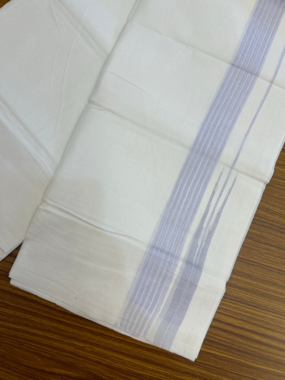 24% Discount! KaithariKada Balaramapuram 100% Cotton Pure white Double Mundu/Dhoti - (100x80)s - 1.5 inch Puliyilakkara Light Violet Stripes Chutty - 103 KK5258 THI