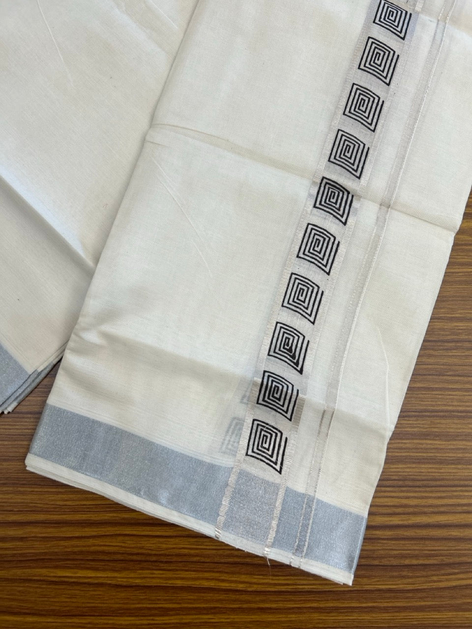 KaithariKada 100% Cotton Double 4 meter Off white - (Ubleached) Mundu / Dhoti - 100x80 1.5 inch Silver Kasavu & Black Printed Tribal - 3 KK5262 MUT