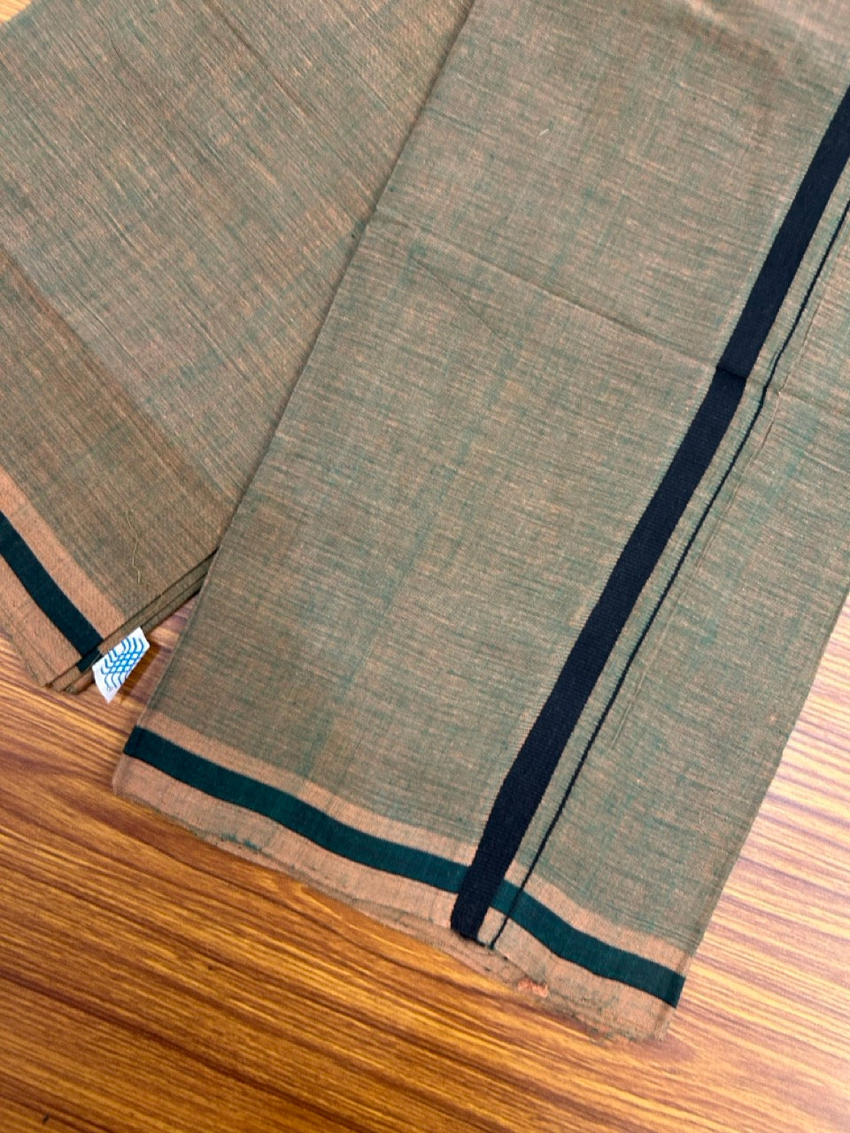 Handloom Single Hallmarked - 10% Discount !! KaithariKada 100% Pure Cotton - Mundu/Dhoti Sage Green Body Black 0.5 inch Kara- (2 meter / 4 muzham)- 3 KK8030 ELA