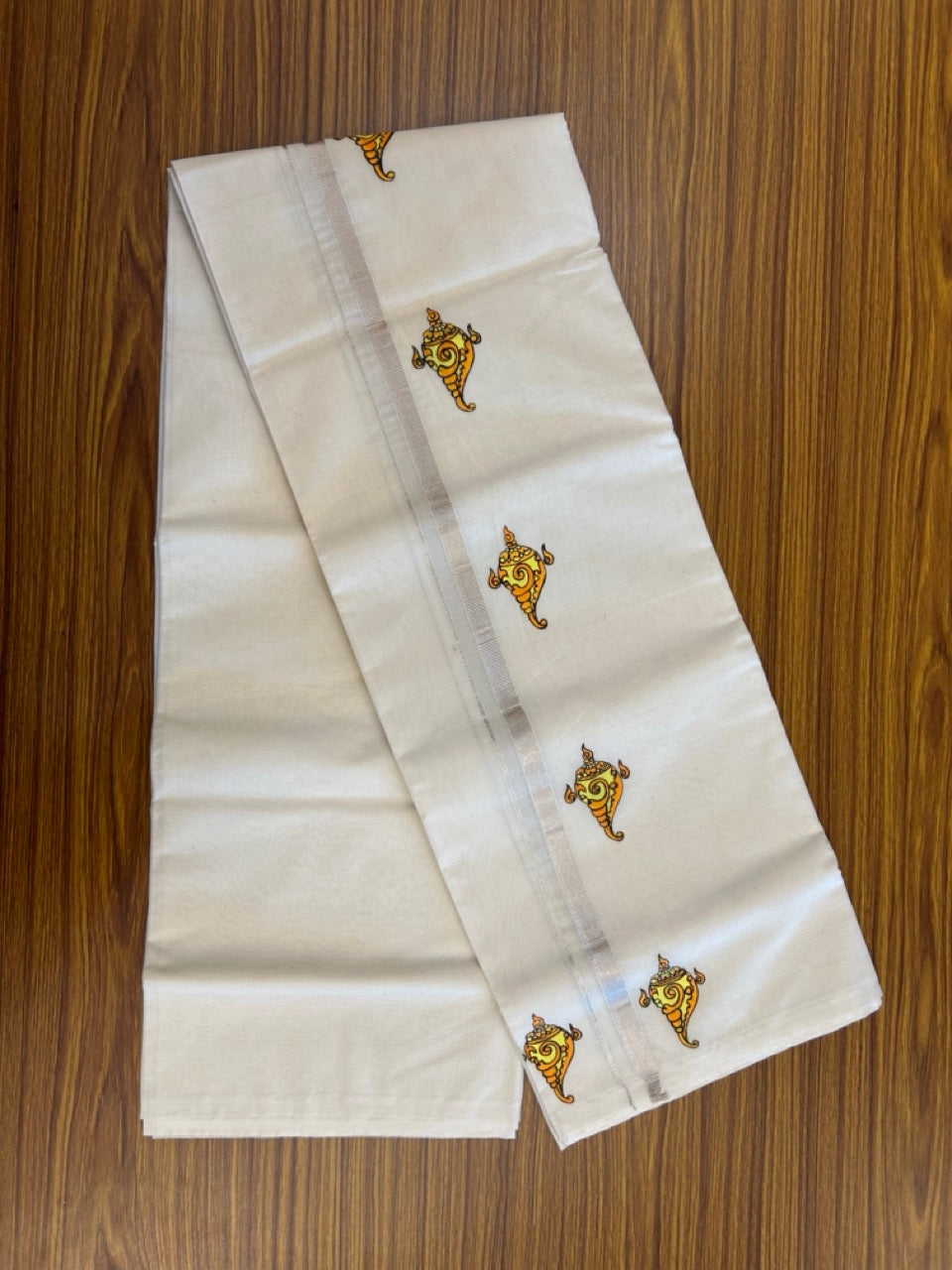 KaithariKada Balaramapuram 100% Cotton Double Off white - (Unbleached) Mundu/Dhoti-100x80 - 0.5 inch Hand Painted Silver Kasav Yellow & Orange Mural Design Kara 3.80 mtr (8 muzham) - 3 KK5244 ASH