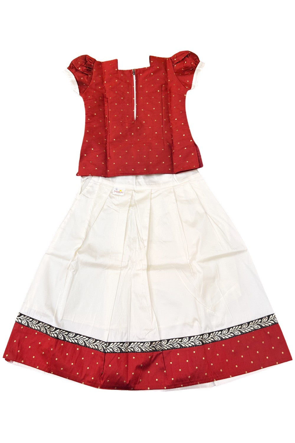 Midukki-Traditional South Indian Kids Pattu Pavada- Maroon top offwhite skirt with leaf border design- Age 5 - KK5MID003