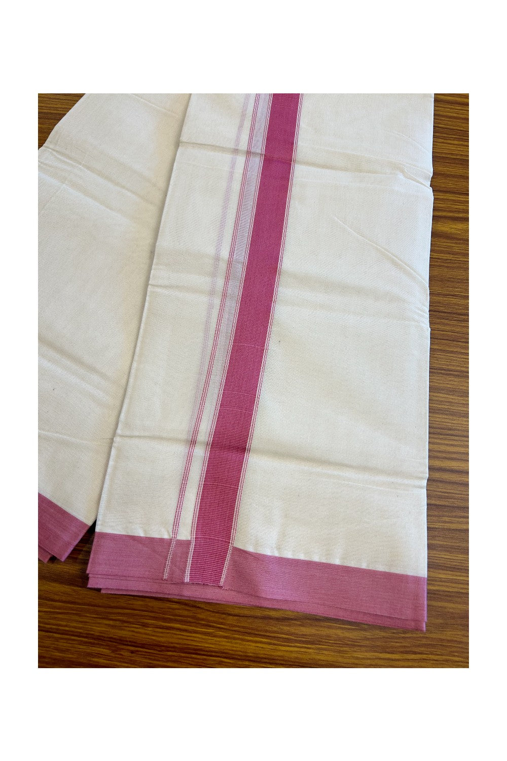 20% Discount !! KaithariKada Balaramapuram 100% Cotton Double Off white - (Unbleached) Mundu/Dhoti-100x80 - 1.75inch Dark Pink Kara 3.70 mtrs (8 Muzham) - 3KK5045ASH