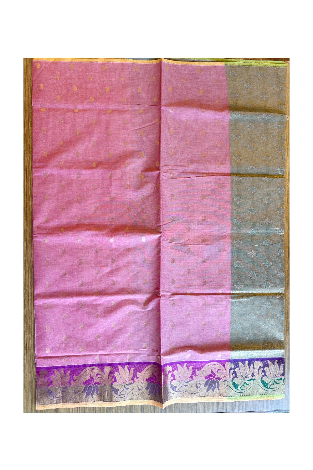 KaithariKada- Balaramapuram Saree - 100% PURE Cotton Silk -Orange Pink ,Violet & Green Design -3KK1005PAN.