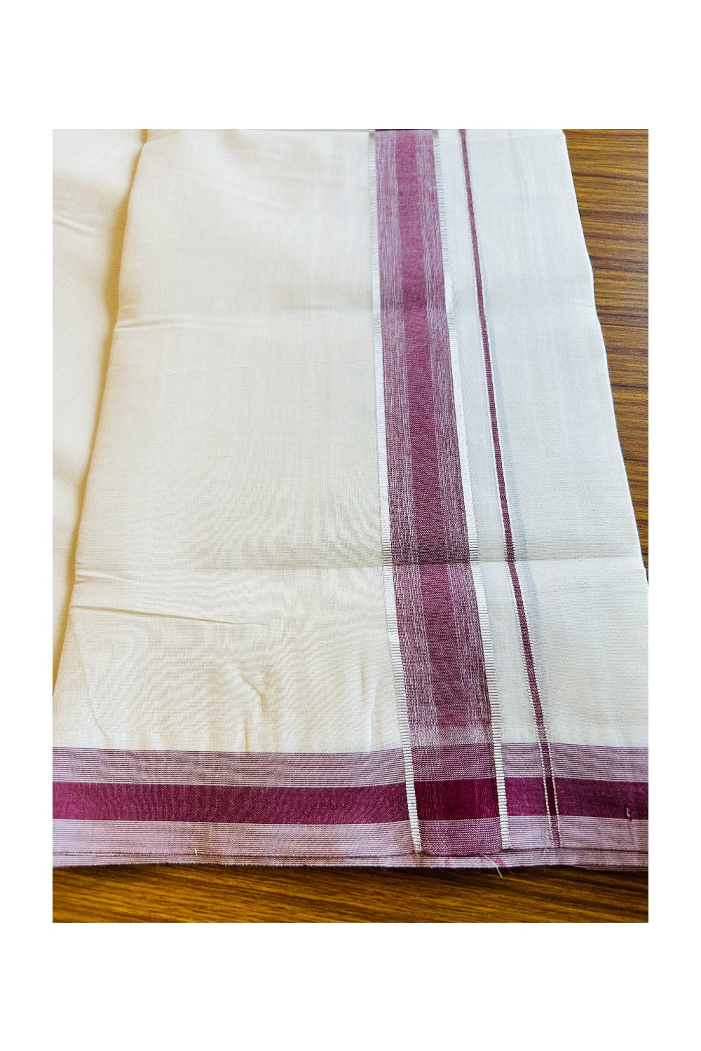 18% Discount!! KaithariKada Balaramapuram 100%  Cotton off white Double - (Unbleached) Mundu/Dhoti - 100X100  Silver & Maroon stripes kara - 3KK401VIN