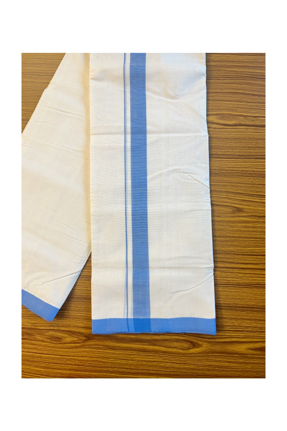 25% Discount!! KaithariKada Handloom millpaav Balaramapuram - 100% Pure Cotton Off White (Unbleached) Double Mundu/Dhoti - 1.5 inch Blue Mulloth Kara 3.75 Meters (8 Muzham) - 3KK409RAM