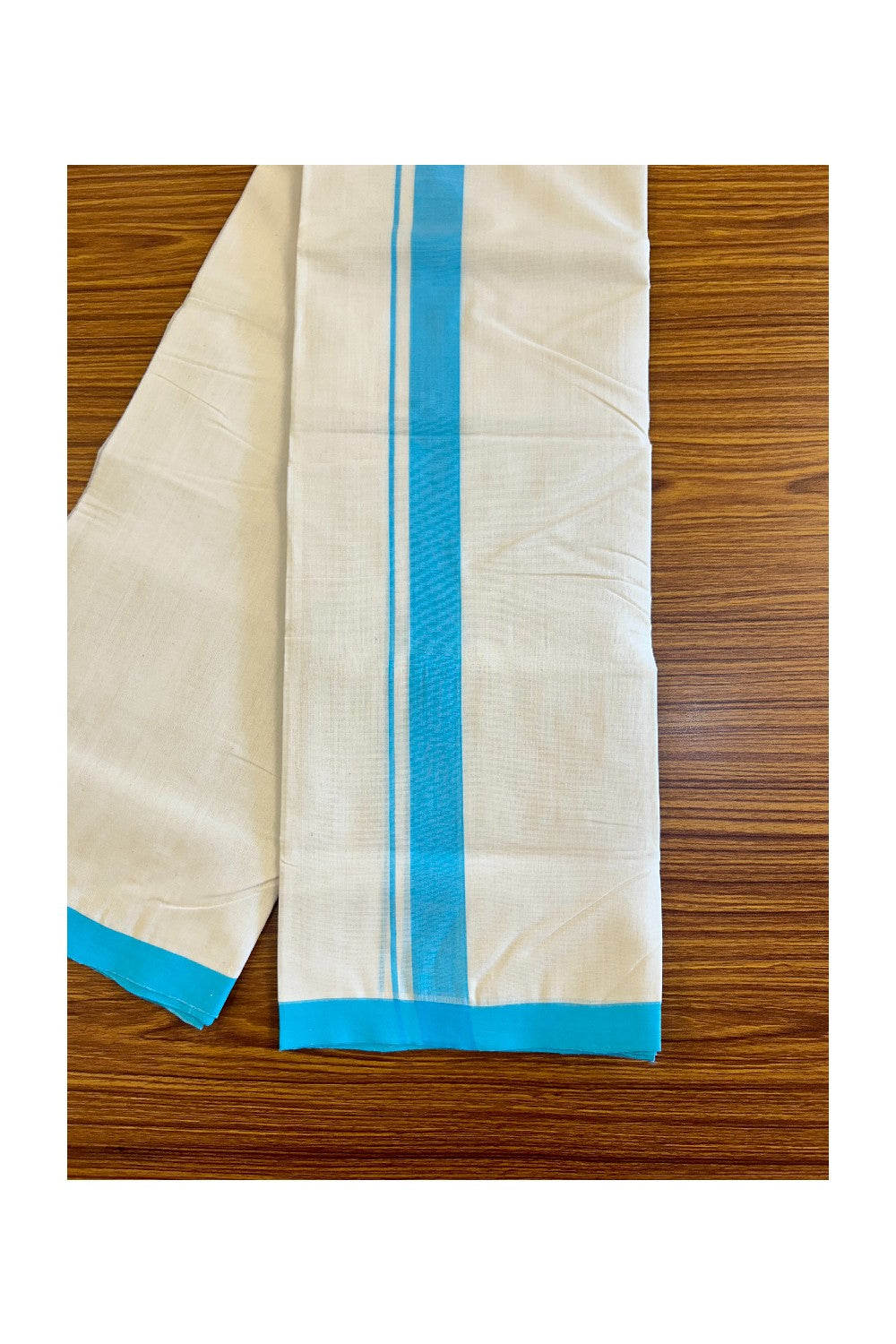 25% Discount! KaithariKada Balaramapuram Handloom 100% Unakkupaav Cotton Double Mundu/Dhoti Off white (Unbleacehd) - 100x100 1.75inch Sky Blue Mulloth Border 3.68m (8 Muzham) - 3KK420RAM