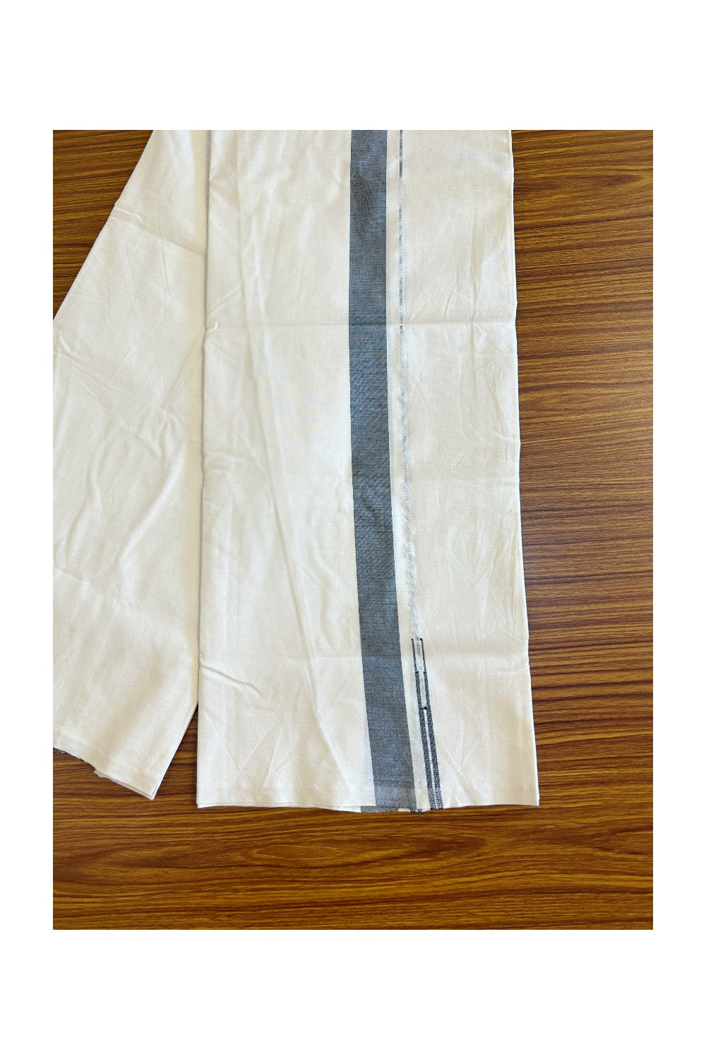 30% DISCOUNT ! KaithariKada Balaramapuram 100% COTTON SINGLE OFF WHITE (Unbleached) Mundu/Dhoti-Twisted 100s Thread- 1.25inch Ash Black & Silver Kasav Chutty (2 meter / 4 muzham) -3KK455ASH