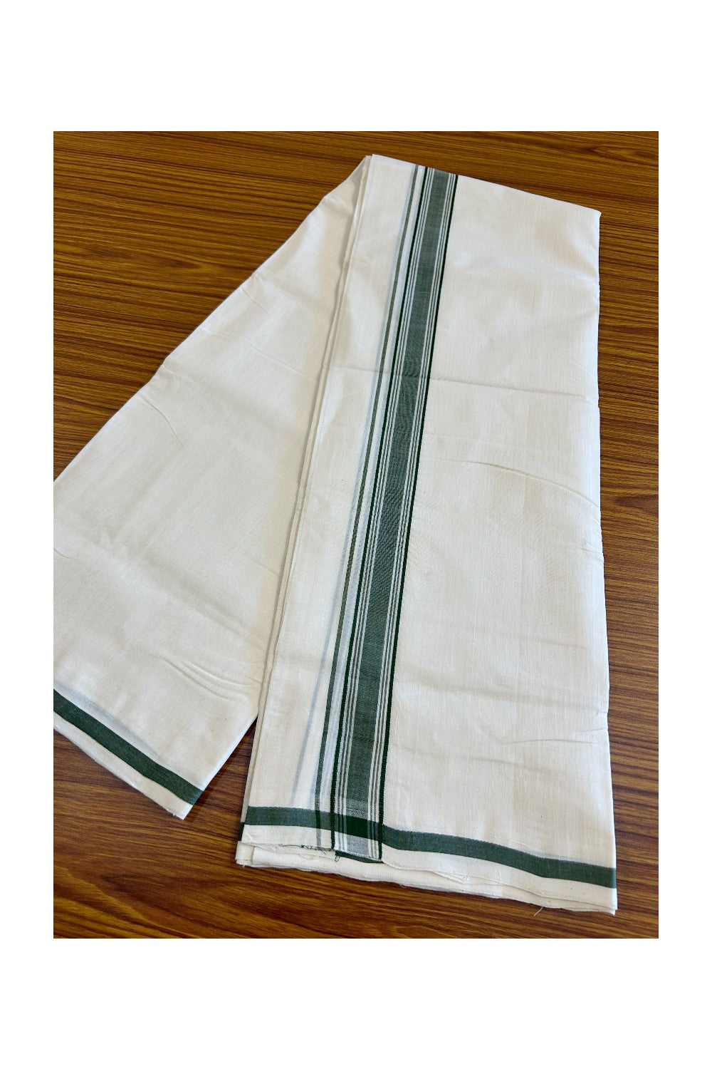 25% Discount! KaithariKada Balaramapuram Handloom Millpaav - 100% Pure Cotton 100x100 Double Mundu/Dhoti Off White - (Unbleached) - Green & white Stripes Kara 3.70 m (8 Muzham) - 3KK469VEL