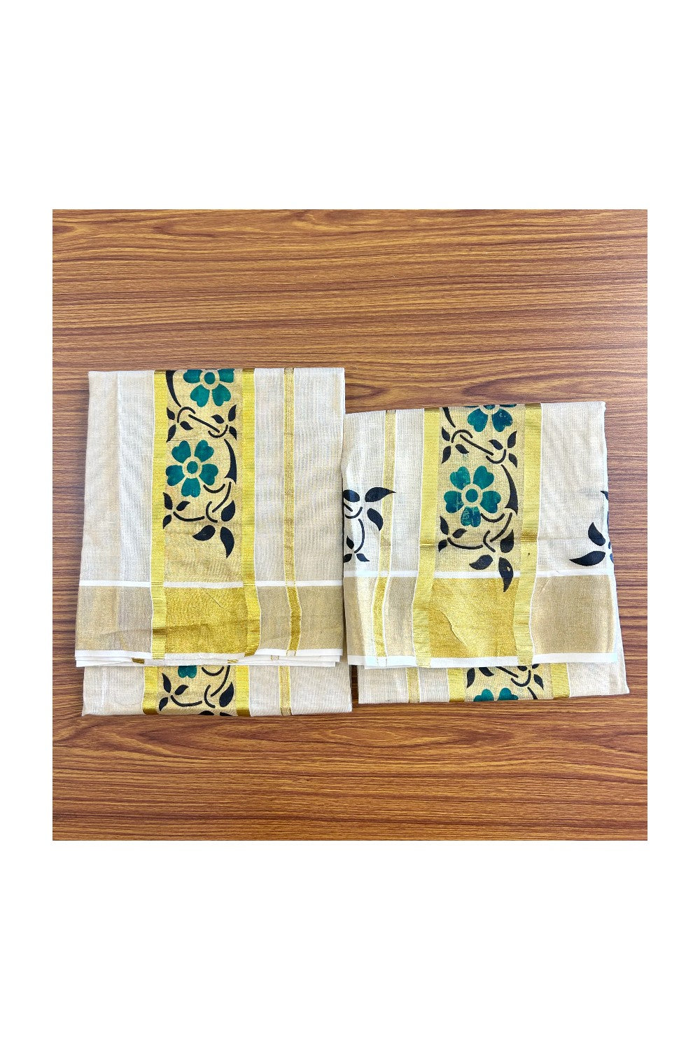 30% Discount!! KaithariKada - Kerala Tissue Single Set Mundu -EXTRA LENGTH - Kasavu Printed Kara with Green Flower Design - 3KK471CKA