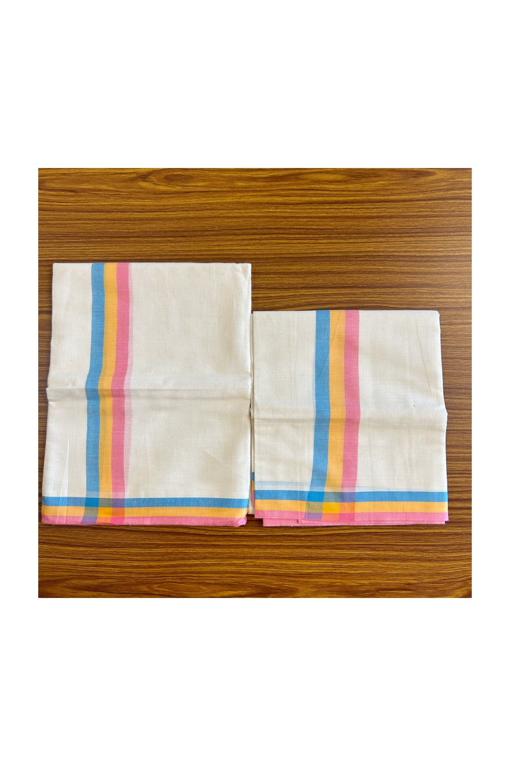 15% Discount!! KaithariKada - Kerala Cotton SINGLE SET MUND FOR WOMEN - EXTRA LENGTH -Blue, Yellow & Pink Stripes Mulloth Kara- 3KK472CKA