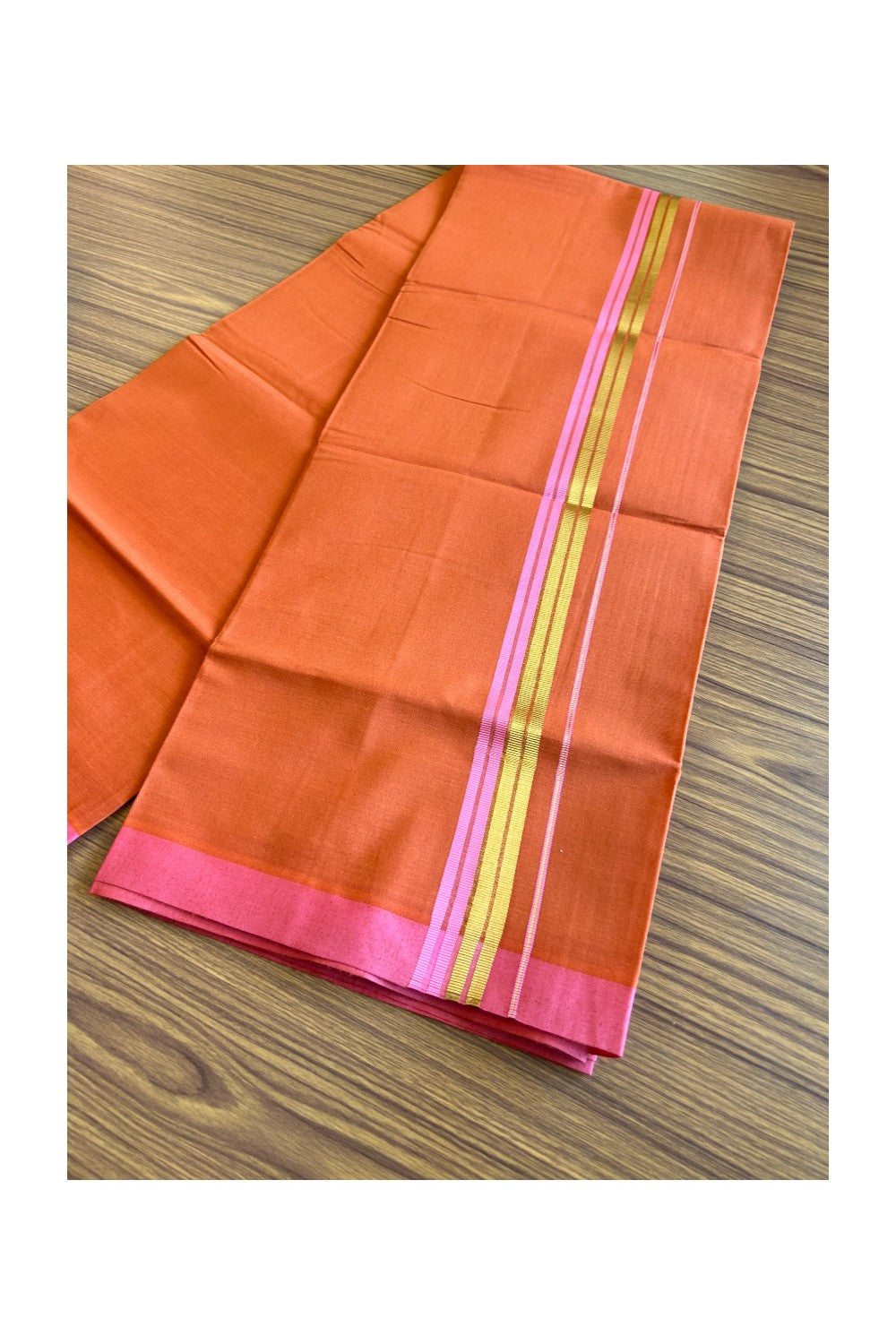 Kaitharikada Soft Cotton - Kaily / Lungi - 1.75 inch Pink & kasavu striped kara with KAAVI colour body - 3KK492RAM