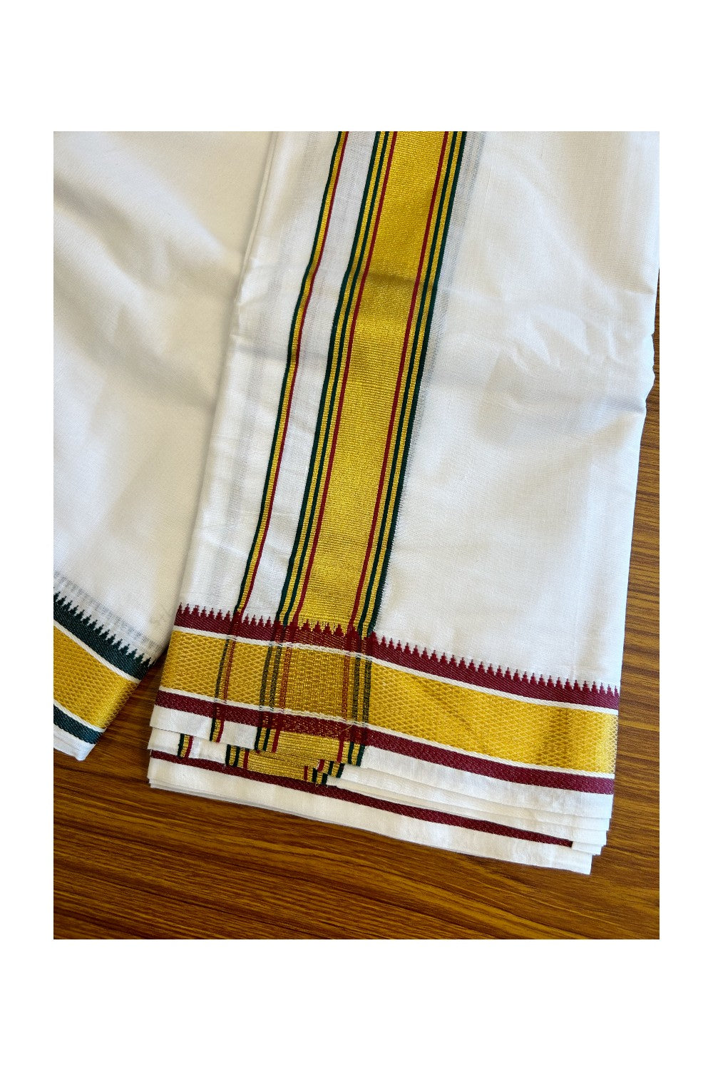 Panchakacham Dhoti - 15% Discount! KaithariKada Cotton Mix Pure White - 80X80 thread - 80% Cotton & 20% Polyester - North Indian- Attached Gamcha - 10x6 Dhoti- 80x60 - Gold Kasavu Green & Red Stripes kara with Green Red Kasav Border - 3KK5008PMC