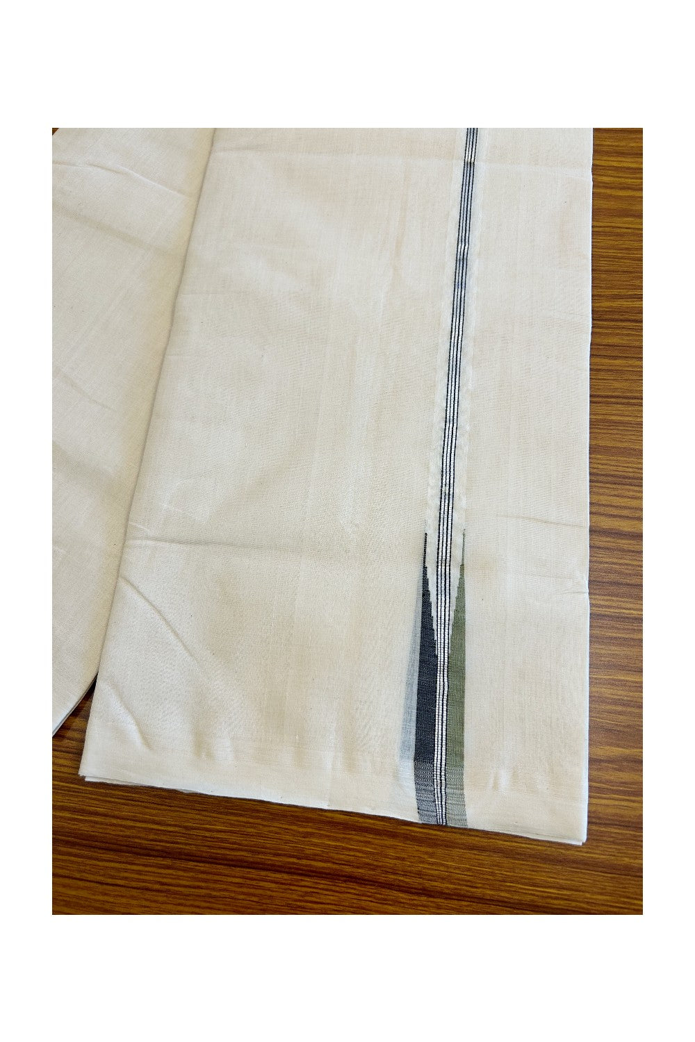 30% DISCOUNT!! KaithariKada HANDLOOM millpaav Balaramapuram - 100% PURE Cotton OFF White - (Unbleached) Double Mundu/Dothi - Green Black & Silver Striped puliyilakkara chutty- 3KK5020RAM