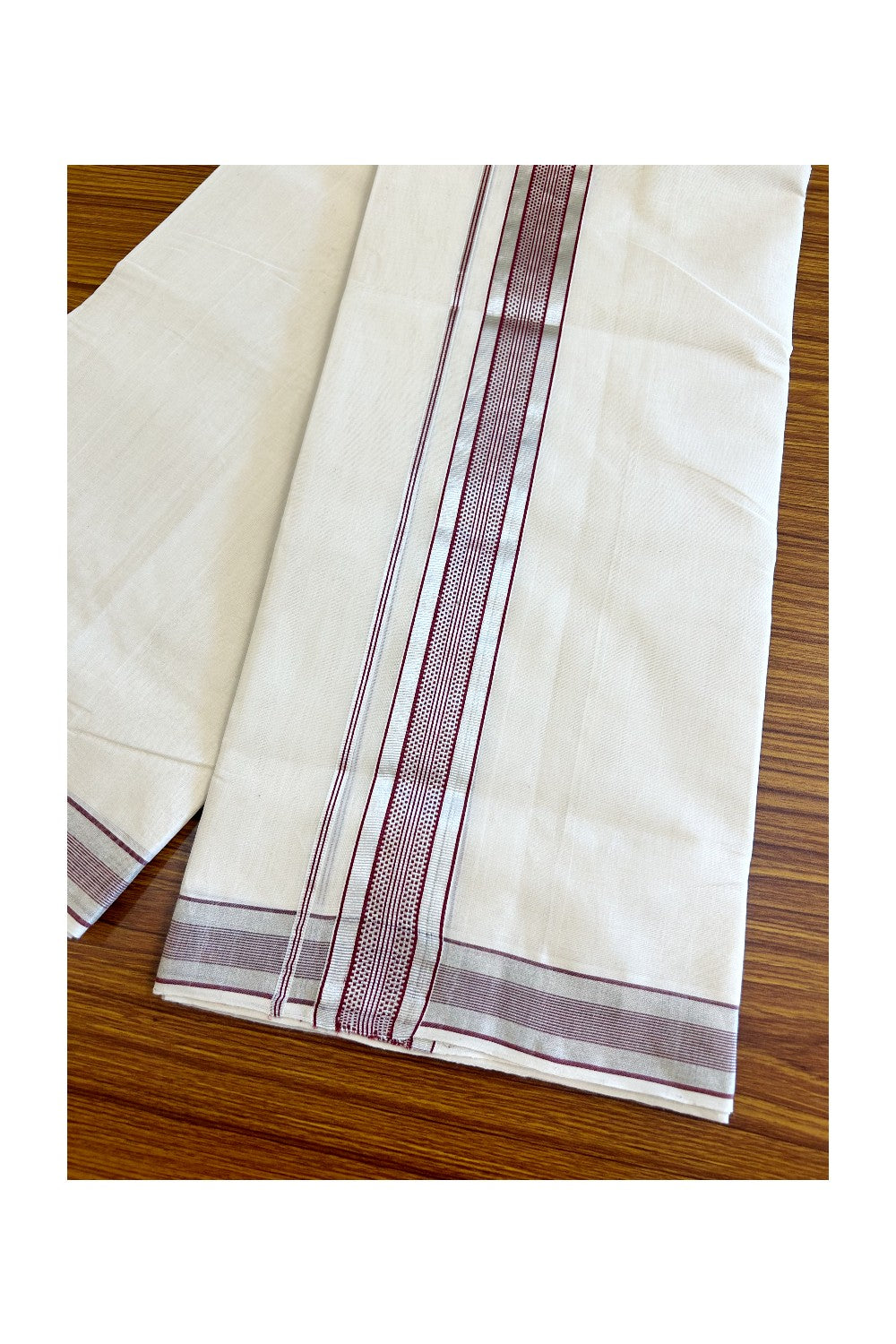 30% DISCOUNT!! KaithariKada HANDLOOM Millpaav Balaramapuram - 100% PURE Cotton OFF White - (Unbleached) Double Mundu/Dothi - 2.5 inch MAROON & Silver stripes kara - 3KK503RAM