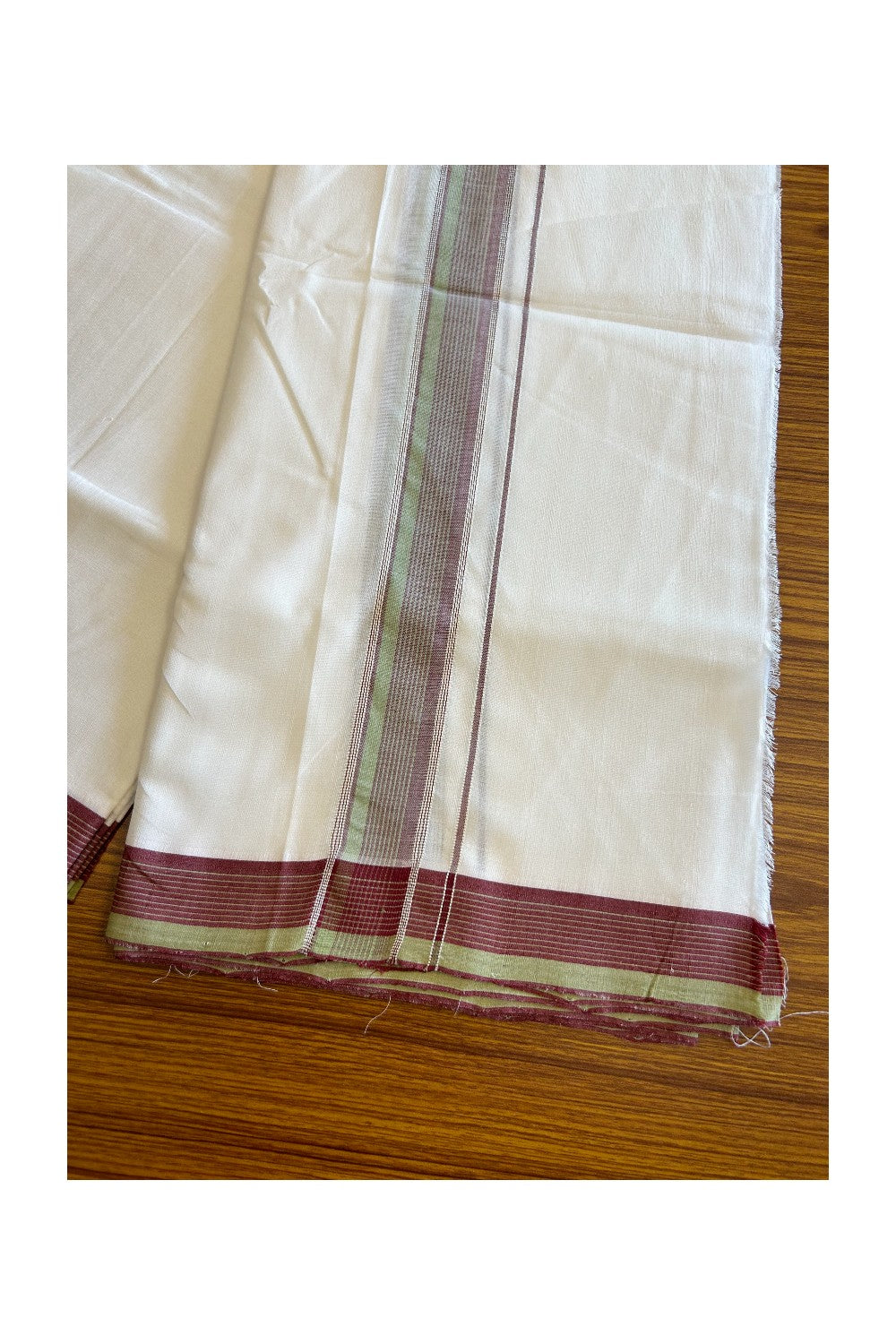 25% Disocunt! NEW PURE WHITE HANDLOOM UNAKKUPAAV Balaramapuram - 100% Cotton Double Pure White - Mundu/Dhoti - 100x100 2.25 inch Pista Green & Maroon Silver Kasavu Striped Kara 3.87 mtrs (8 Muzham) - 3KK5047REA