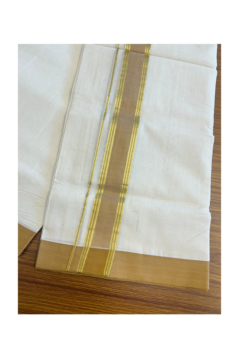 25% Discount KaithariKada HANDLOOM Unakkupaav Balaramapuram - 100% PURE Cotton Off White (Unbleached) - 100x100 Double Mundu/Dhoti - 2.25 inch Kasavu Light Brown Kara- 223