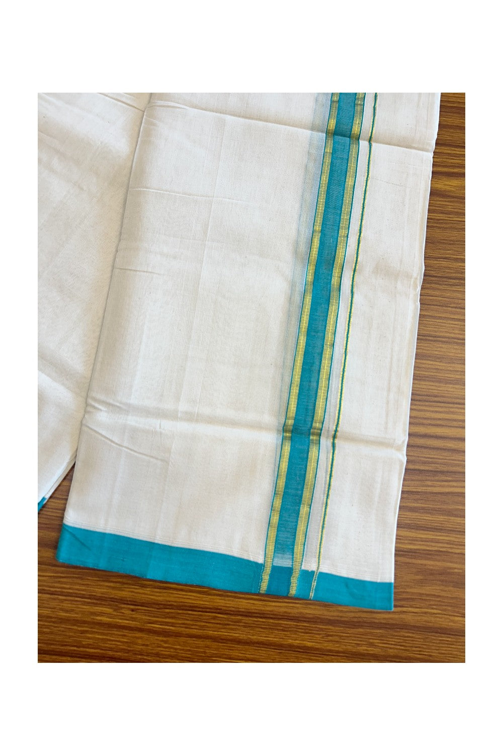 25% DISCOUNT! KaithariKada BALARAMAPURAM HANDLOOM UNAKKUPAAV - 100% PURE Cotton off white (Unbleached) Double Mundu/Dhoti - 1.5 inch Kasavu & Turquoise Blue Kara-60