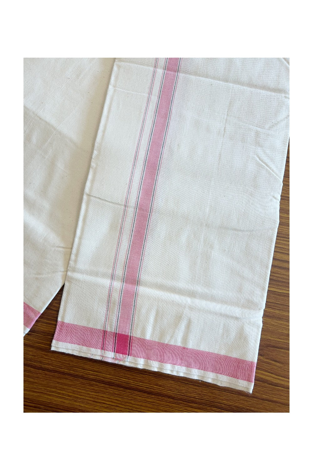 30% Discount ! KaithariKada 100% Cotton Balaramapuram HANDLOOM Single Mundu/Dhoti - Off White - (Unbleached) 1.Inch (2 meter / 4 muzham) Pink & Black Stripes- KK32KAI