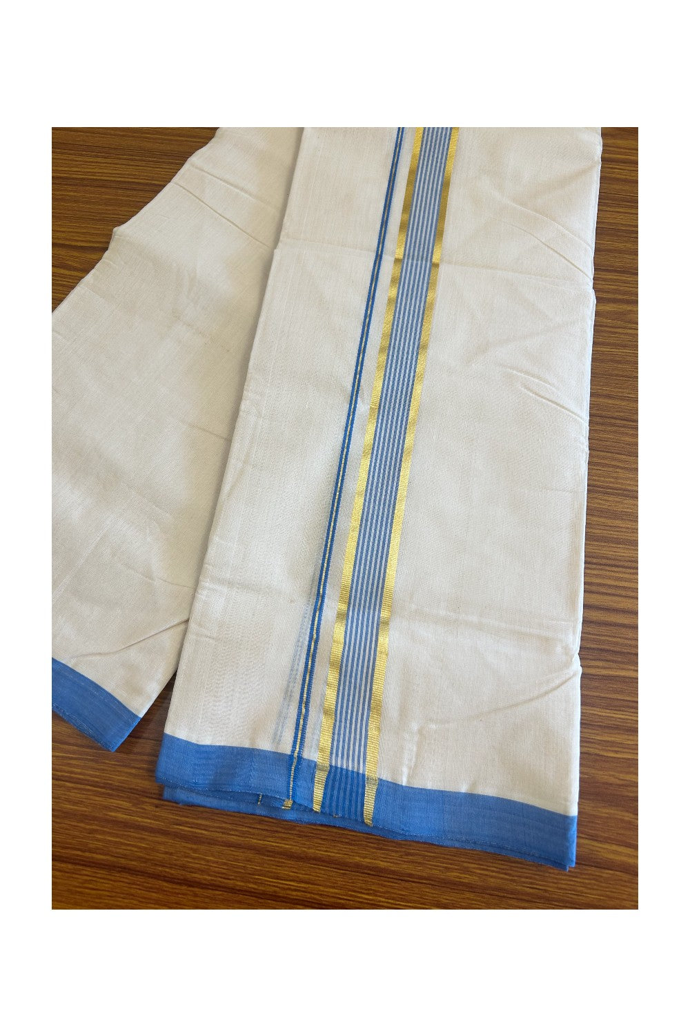 25% DISCOUNT! KaithariKada HANDLOOM Millpaav Balaramapuram - 100% PURE Cotton Off White - (Unbleached) - 100x100 Double Mundu/Dhoti - 1.75 inch Blue Kasavu Kara- 3KK506RAM