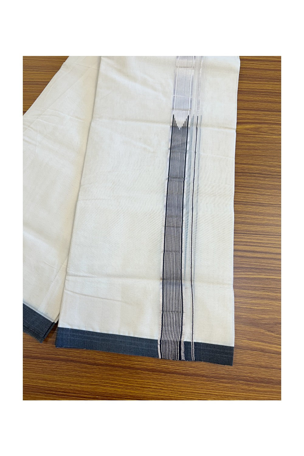 20% Discount !! KaithariKada Balaramapuram 100% Cotton Double Off White - (Unbleached) Mundu/Dhoti-100x100 1.5 inch Heavy Chutty Silver Kasavu & Black Striped kara - 7KK5055ASH