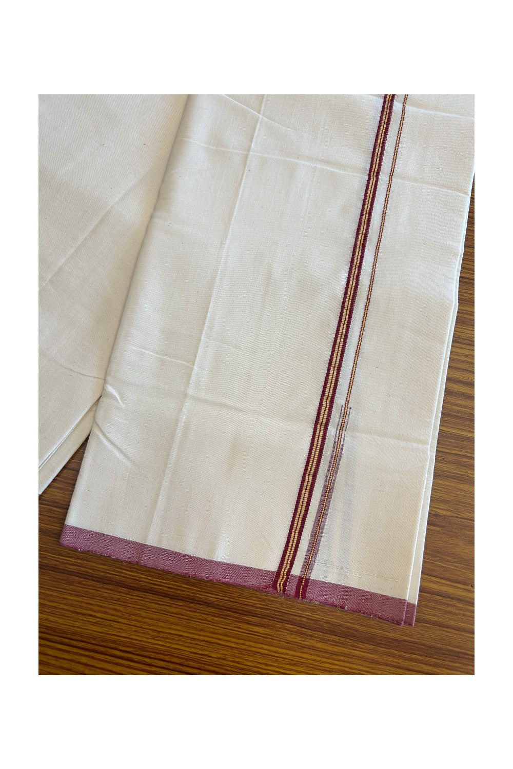 SIGNATURE KAITHARIKADA EXCLUSIVE SINGLE DHOTI - 100% Cotton Balaramapuram HANDLOOM Single Mundu/Dhoti - Off White - (Unbleached) 1 cm Maroon & KASAVU Striped Chutty Kara (2 metre / 4 muzham) - 3KK5078KAI
