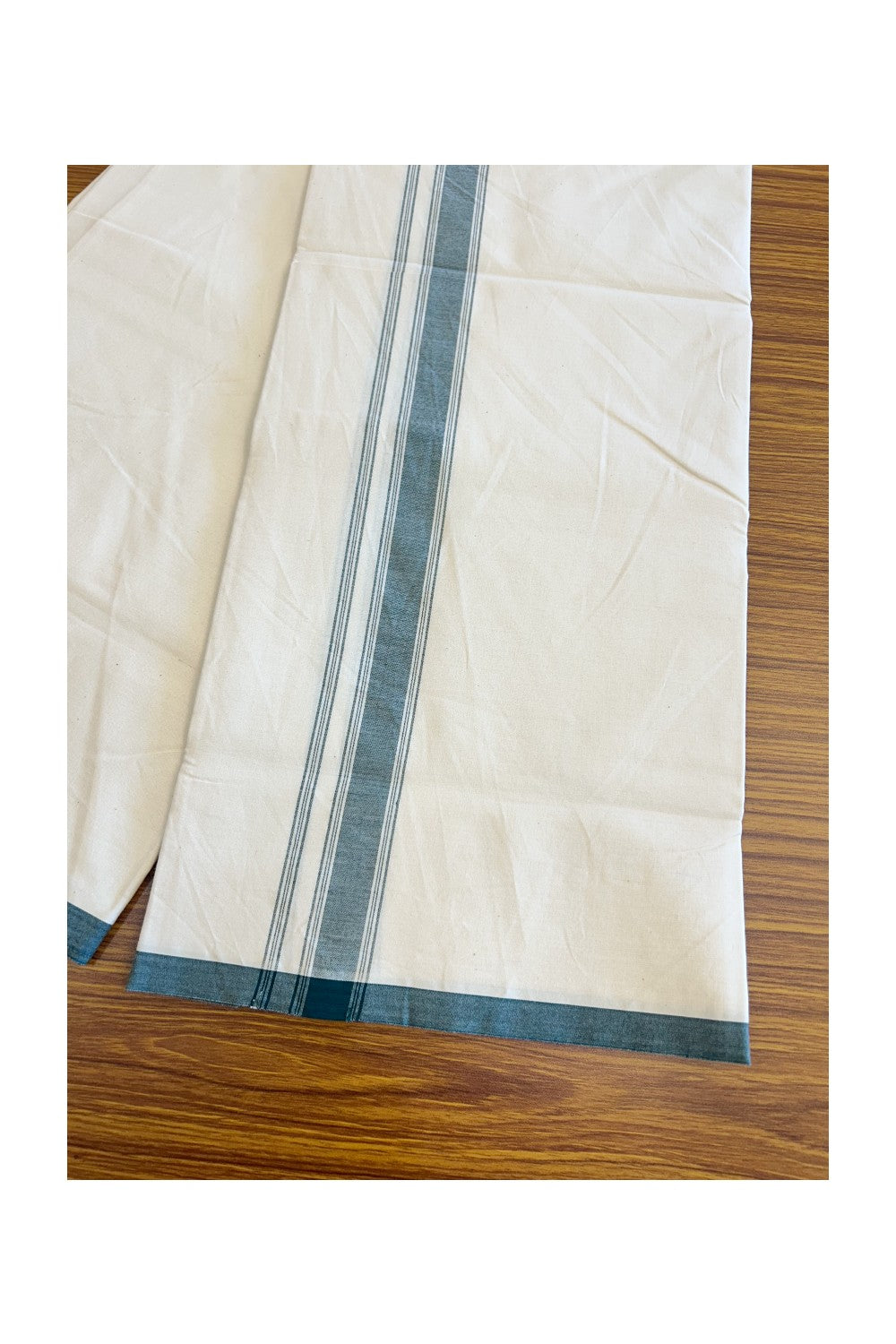 19% DISCOUNT ! KaithariKada Balaramapuram 100% COTTON SINGLE OFF WHITE - (Unbleached) Mundu/Dhoti-Twisted 100s Thread- 1.75 inch Green Striped Kara (2 metre - 4 muzham) - 3KK5084ASH