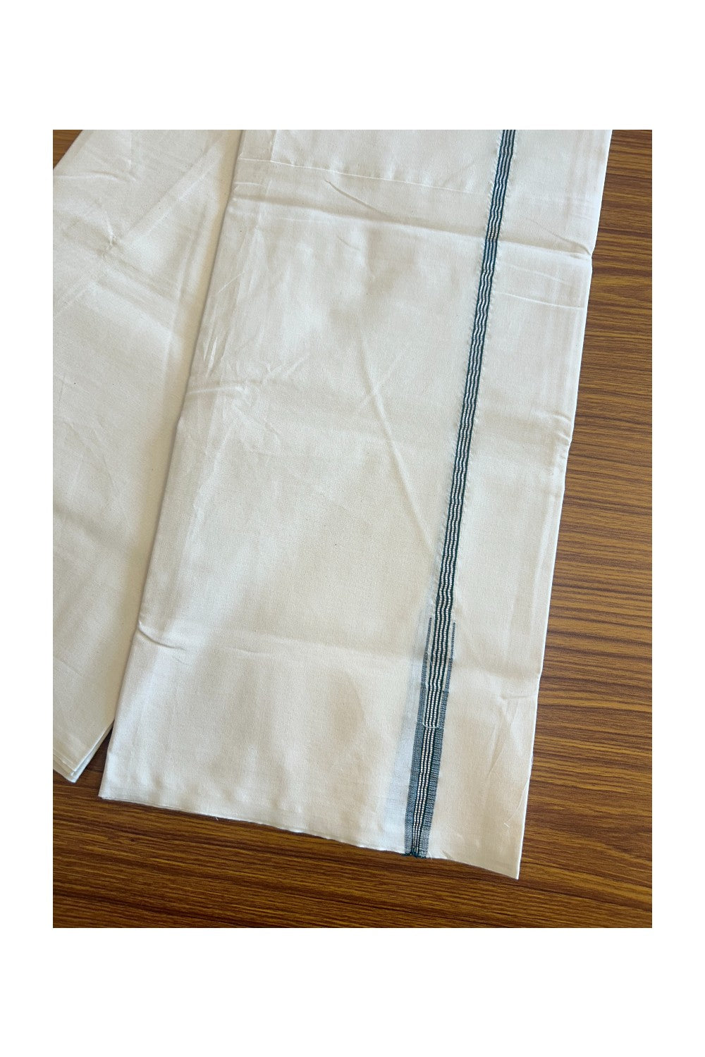 19% DISCOUNT ! KaithariKada Balaramapuram 100% COTTON SINGLE OFF WHITE - (Unbleached) Mundu/Dhoti-100X100 - 1 cm Green & Silver Chutty (2 metre / 4 muzham)- 3KK5018ASH