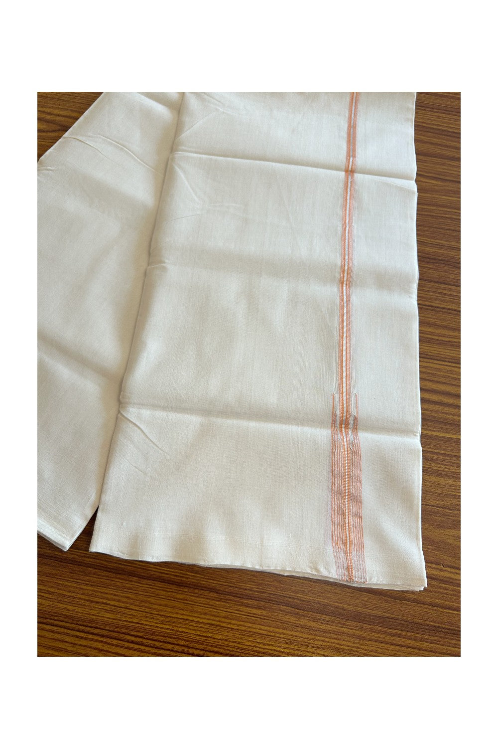 30% DISCOUNT!! KaithariKada HANDLOOM UNAKKUPAAV Balaramapuram - 100% PURE Cotton OFF White - (Unbleached) Double Mundu/Dothi - 1.5 cm Puliyilakkara silver kasavu & Orange Striped chutty - 3KK5089YAR