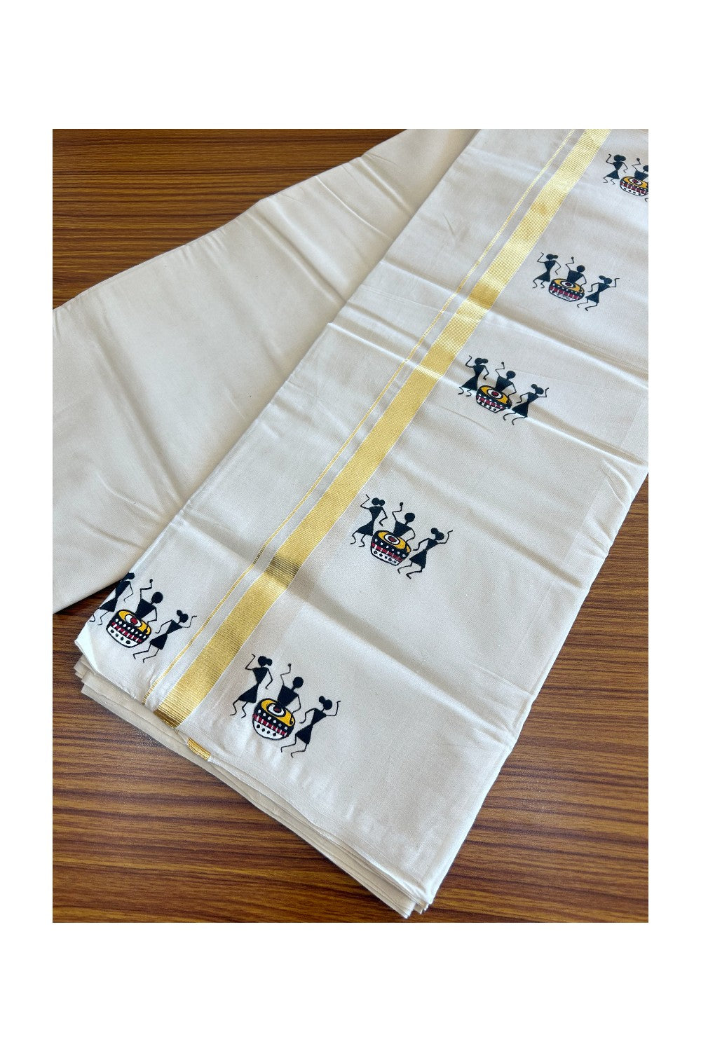 25% Discount!! KaithariKada HANDLOOM Millpaav Balaramapuram - 100% PURE Cotton OFF White - (Unbleached) Double Mundu/Dothi - 1.25 Inch Kasavu kara Hand Painted Warli Design - 3KK5091RAM