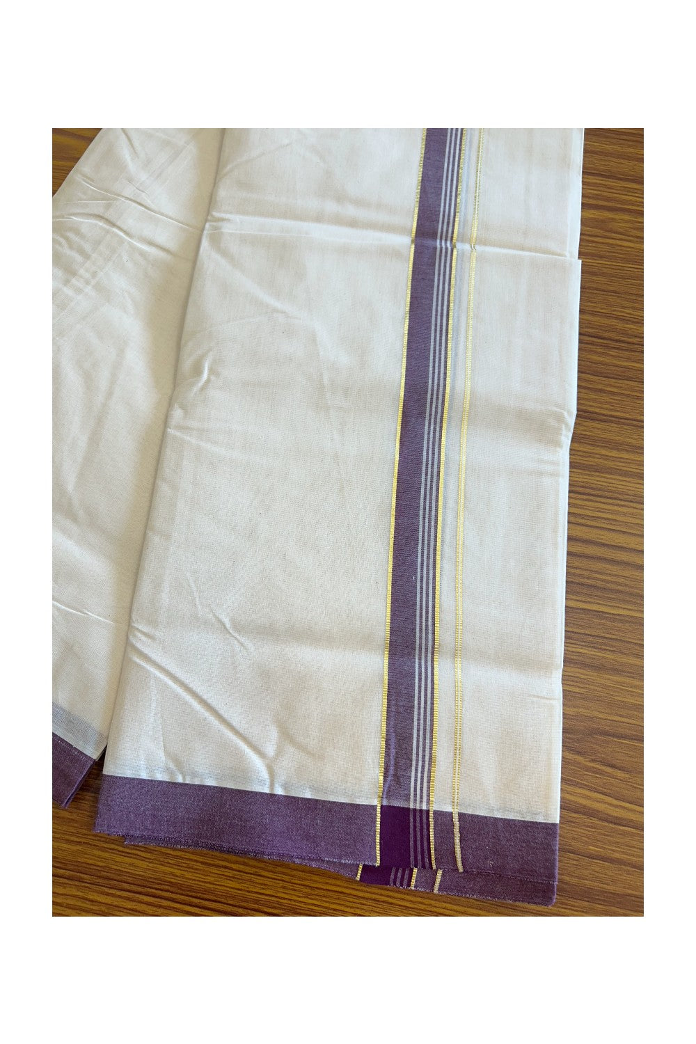 19% Discount KaithariKada Balaramapuram 100% Cotton Double Off white - (Unbleached) - Mundu/Dhoti- 100x80 - 1.75 inch Gold Kasavu & Purple Striped Kara 3.64 mtr (8 Muzham)- 3KK5101ASH