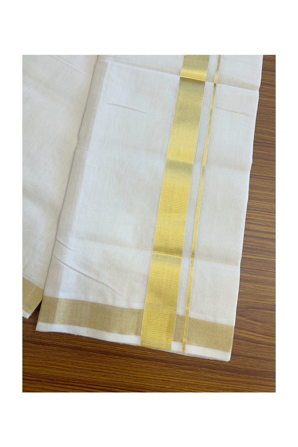 25% DISCOUNT ! KaithariKada HANDLOOM Unakkupaav Balaramapuram - 100% PURE Cotton Off White - (Unbleached) Double Mundu/Dhoti - 2.25 inch Gold Kasavu Kara - 3KK5107ABH