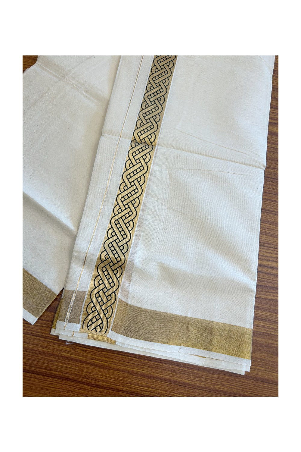 20% DISCOUNT ! KaithariKada Balaramapuram Mixed Cotton OFF White (Unbleached) Double Mundu/Dhoti - 80x80 Thread Mixed Cotton - 2 inch Gold kasavu & Black designer kara - 3KK5113PMC