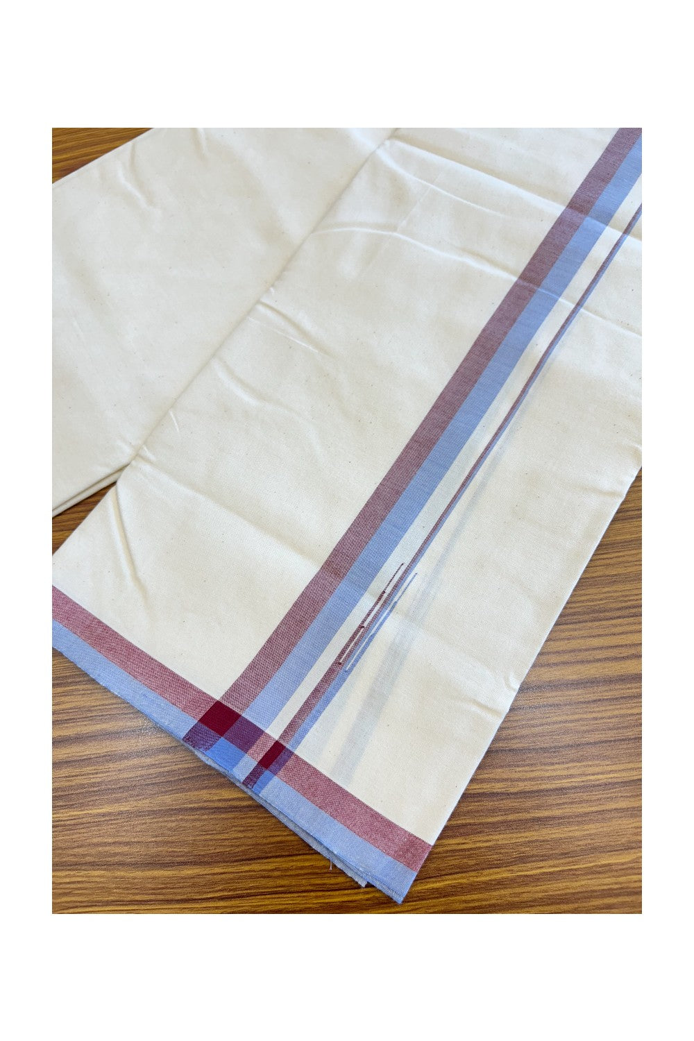 SIGNATURE KAITHARIKADA EXCLUSIVE SINGLE DHOTI - 25% Discount!! 100% Cotton Balaramapuram HANDLOOM Single Mundu/Dhoti - Off White - (Unbleached) 1 inch Lavender Blue & Maroon Puliyilakkara chutty (2 meters /4 muzham) - 3KK5124KAI