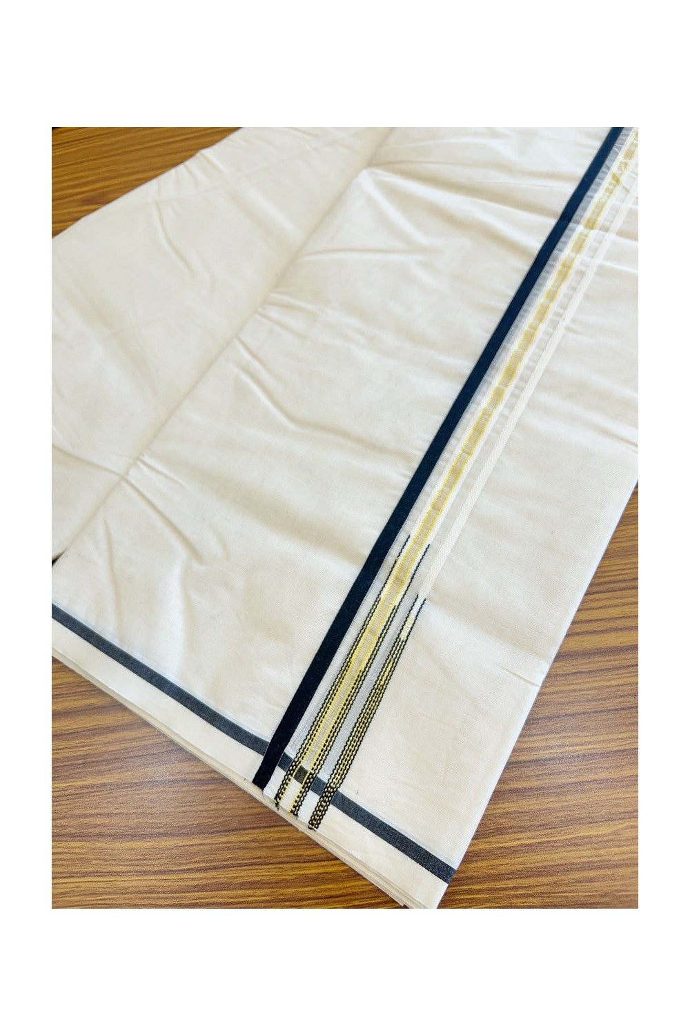 20% Discount!!! KaithariKada Balaramapuram 100% Cotton off white (Unbleached) Double Mundu/Dhoti-100x100 1.cm Double Chutty Black & Kasavu-23