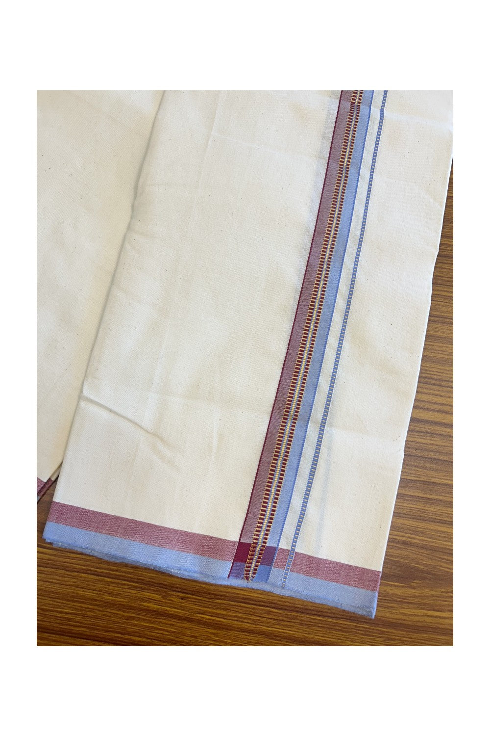 SIGNATURE KAITHARIKADA EXCLUSIVE SINGLE DHOTI - 30% Discount!! 100% Cotton Balaramapuram HANDLOOM Single Mundu/Dhoti - Off White - (Unbleached) 1 inch Lavender Blue & Maroon Kasavu Muthukuri kara (2 meters /4 muzham) - 2KK5131KAI