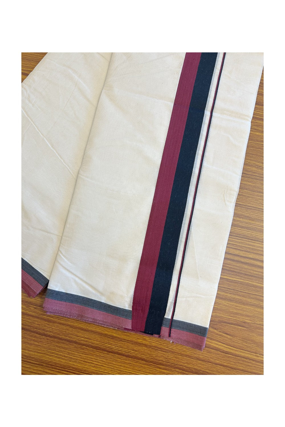 DMK Veshti - 18% DISCOUNT! KaithariKada 100% Cotton off white Double - (Unbleached) Mundu/Dhoti - 100X100 - 2 inch Black & Maroon kara - 3KK5133ASH