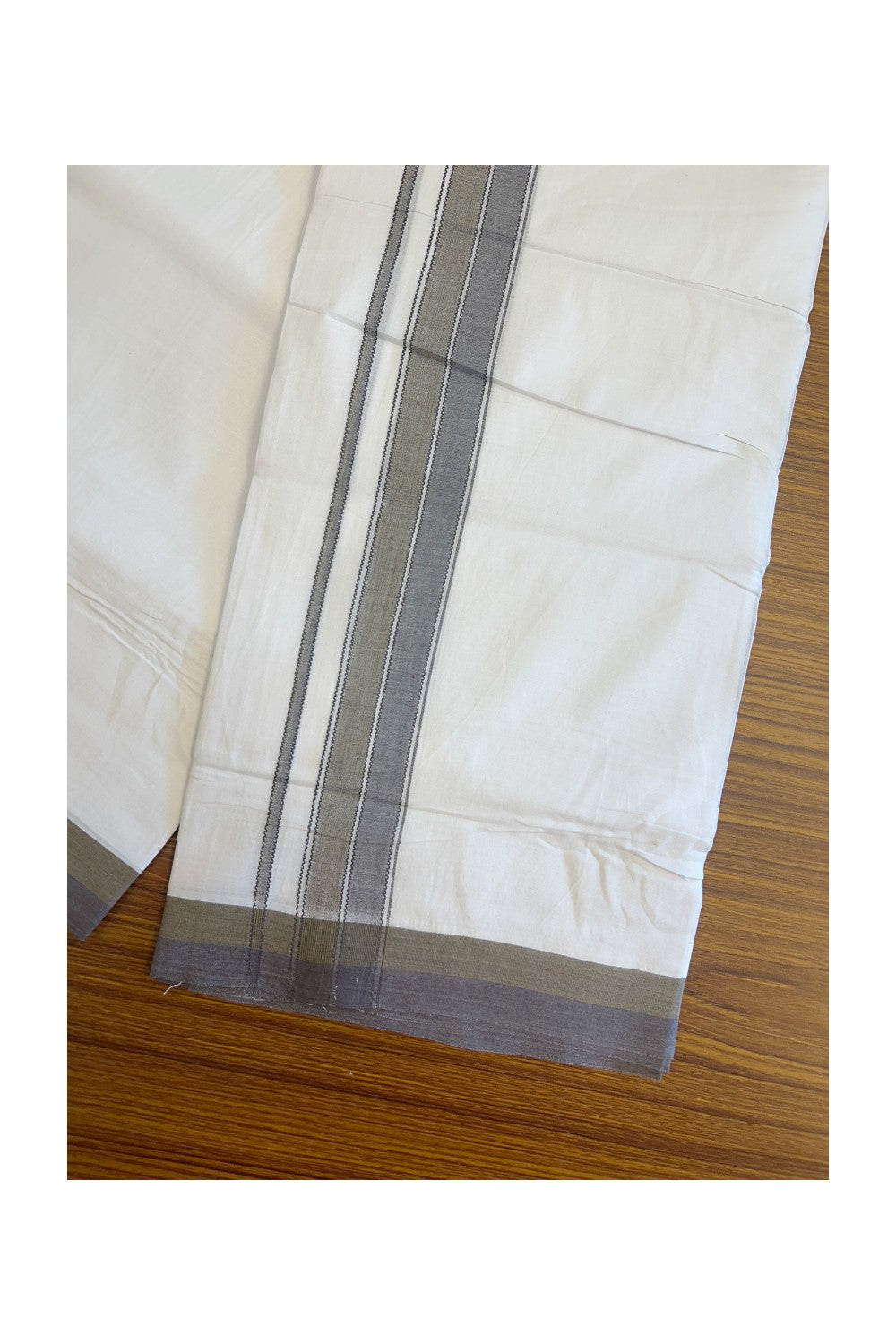 28% DISCOUNT! KaithariKada Balaramapuram 100% Cotton PURE WHITE Double Mundu/Dhoti-100x80- 1.5 inch Sage Green & Dark Purple shaded designer kara - 3KK5134THI