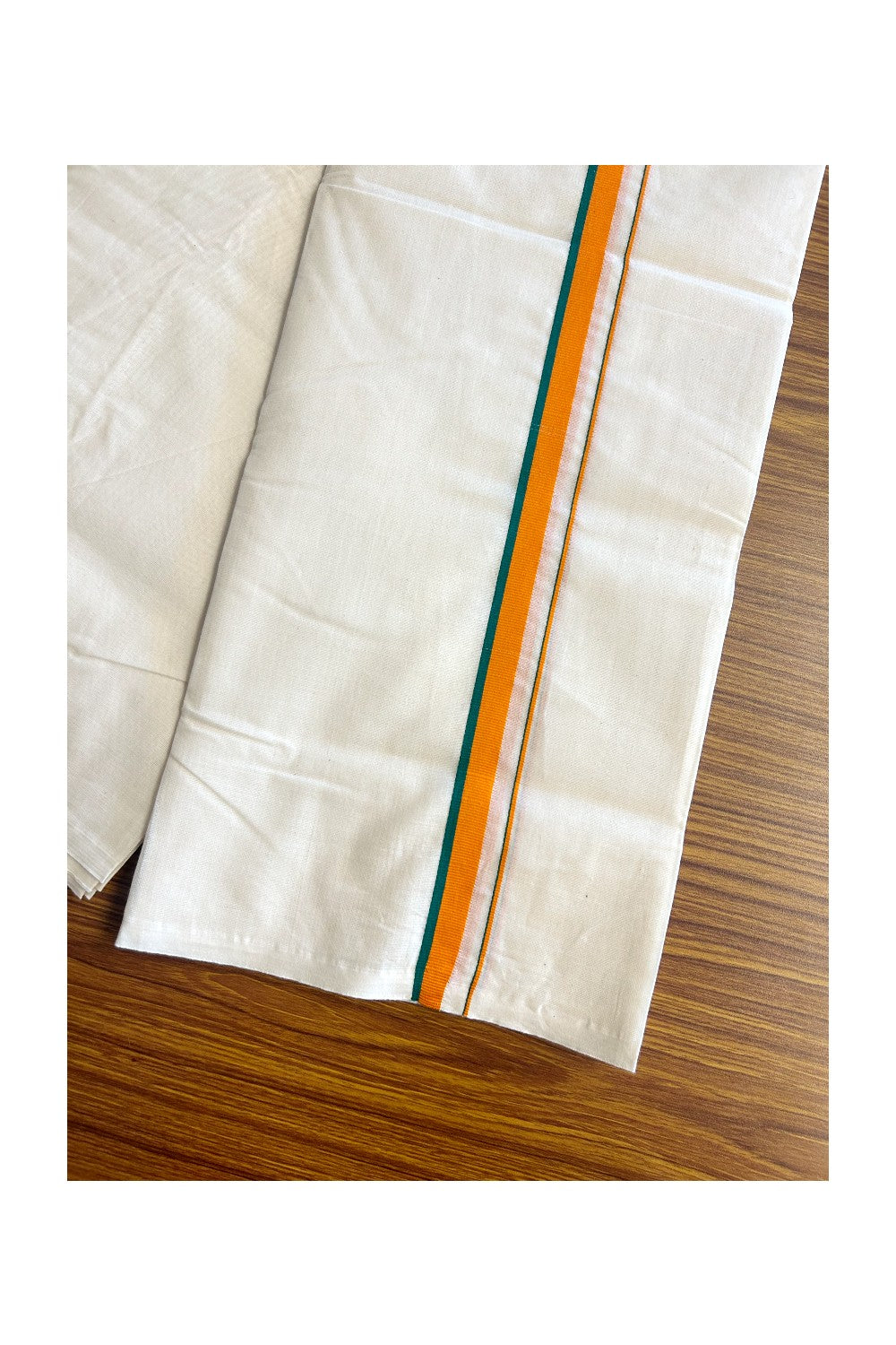 BJP VESHTI - 24% DISCOUNT! KaithariKada 100% Cotton off white Double - (Unbleached) Mundu/Dhoti - 100X100 - 0.75 inch Orange & Green Kara - 3KK5150ASH